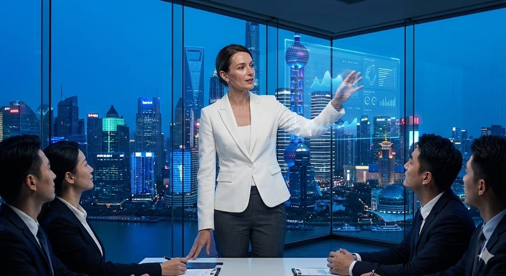 AI trainer met transparant virtual scherm met city skyline by evening