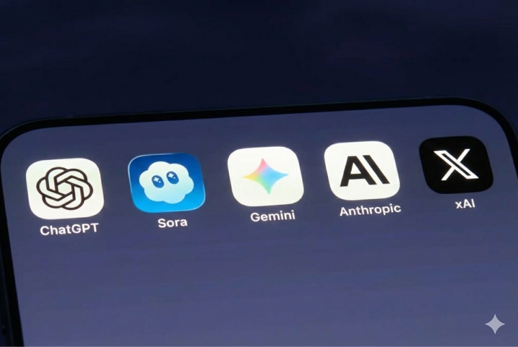 Logo’s of LLMs like gemini Sora Antropic against a blue backdrop