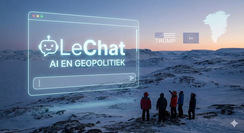 AI en geopolitiek: LeChat belangrijker dan ooit - people in snow pointing at transparant AI sign in the sky