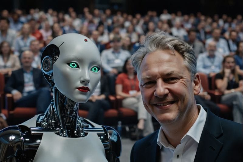 Barry van der Laan en publiek tijdens AI cursus, poserend met humanoid