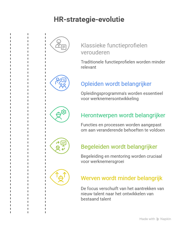 Grafische weergave van de verschuiving binnen HR: van administratieve taken naar strategische personeelsplanning en AI-begeleiding.