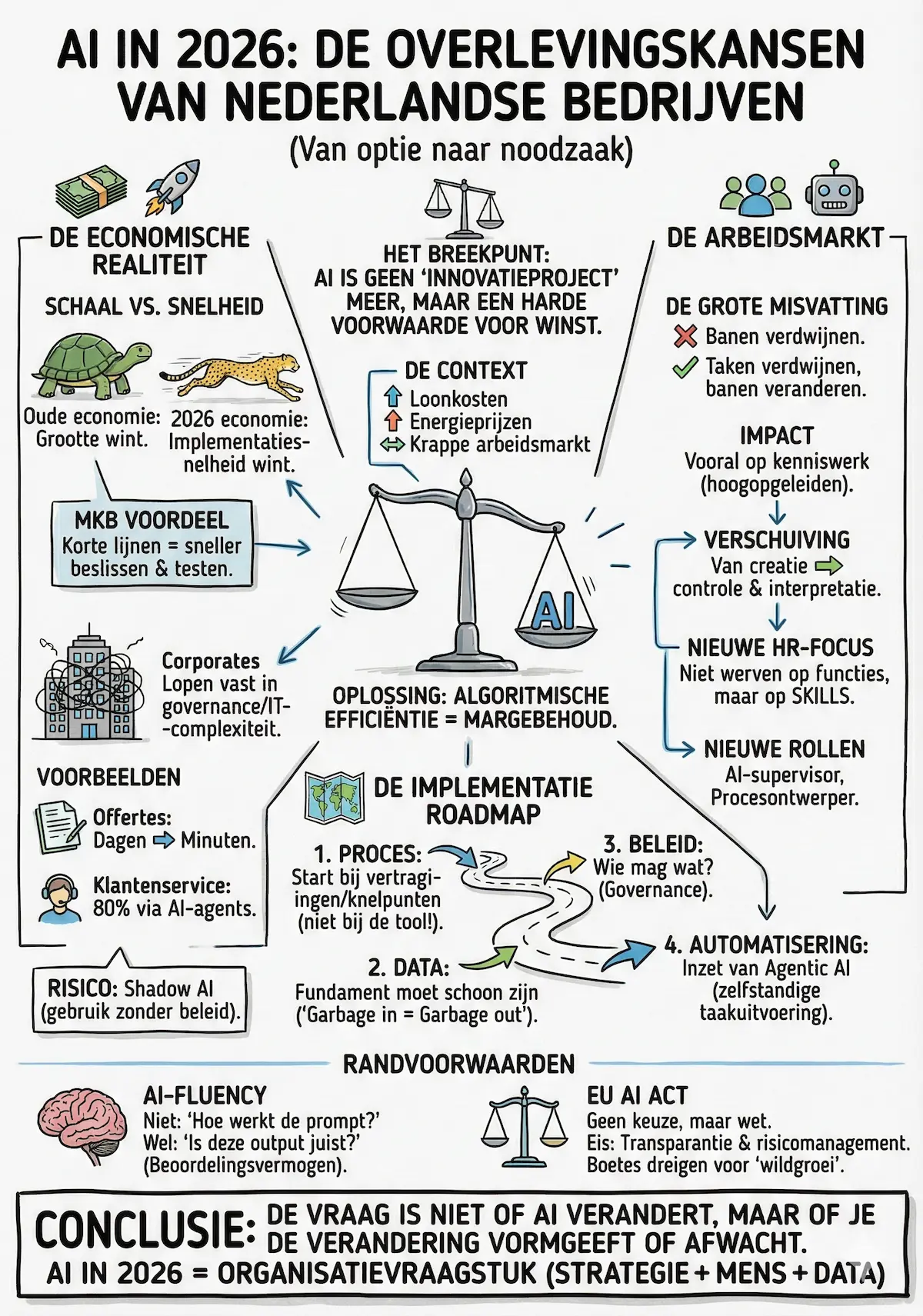 Visueel stappenplan voor AI-implementatie: van databeheer en governance tot de impact van de EU AI Act op bedrijfsprocessen.