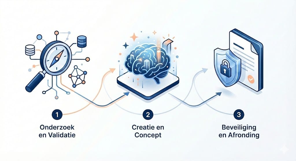 infographic - 3 stappen 1. onderzoek en validatie 2. creatie en concept en 3. beveiliging en afronding