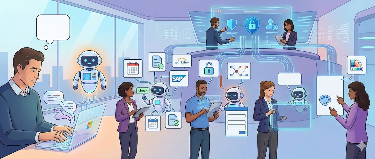 Agenten bouwen met copilot, cartoon kantoor met medewerkers en IT icons