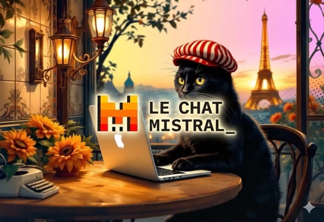 Le Chat AI symbool, zwarte kat met eiffeltoren op achtergrond en Le Chat mistral logo
