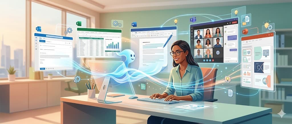 cartoon vrouw werkt slimmer met mS office op imac met MS symbolen - ai generated