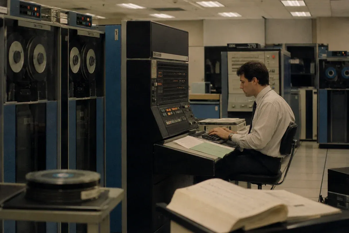 Man werkt achter een grote mainframecomputer in een computerzaal uit de jaren tachtig, met magnetische tapes, kantoorverlichting en vintage apparatuur.