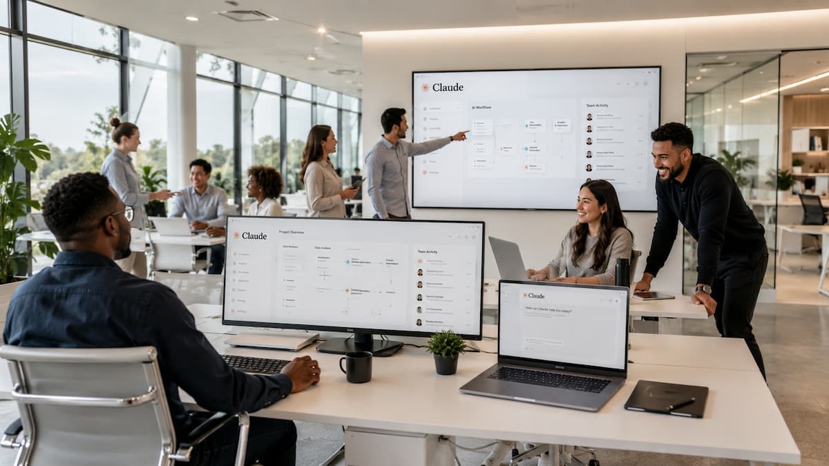 MKB bdrijf- medewerkers leren werken met Claude-wit modern kantoor met medewerkers - ai generated