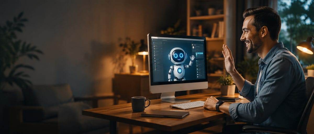 Man behind imac writes perfect prompt and waves at bot on screen