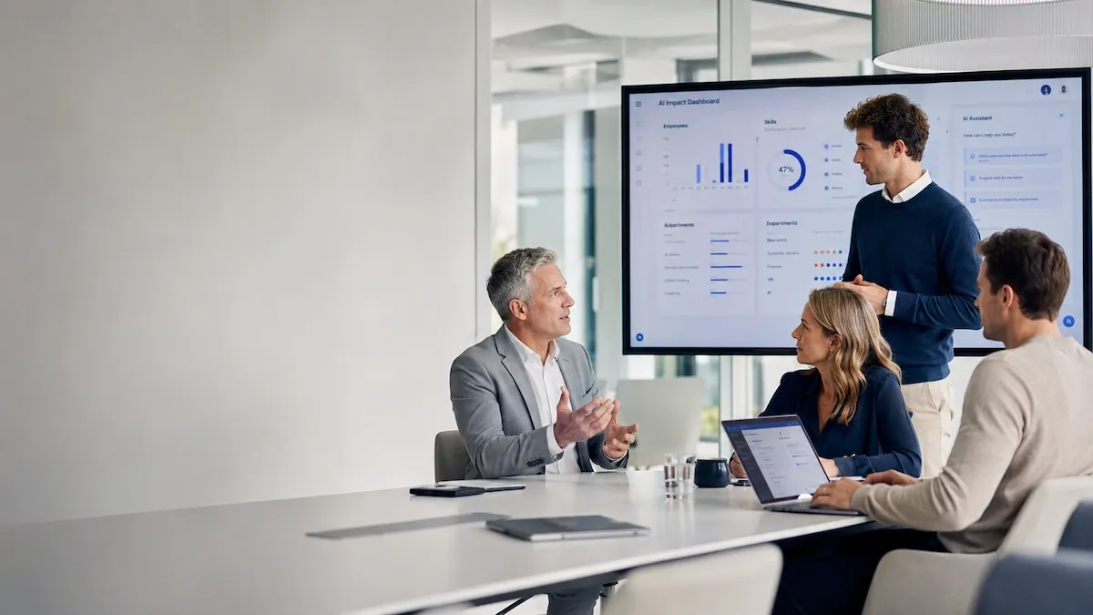 people at desk with whiteboard in office - realistic AI generated