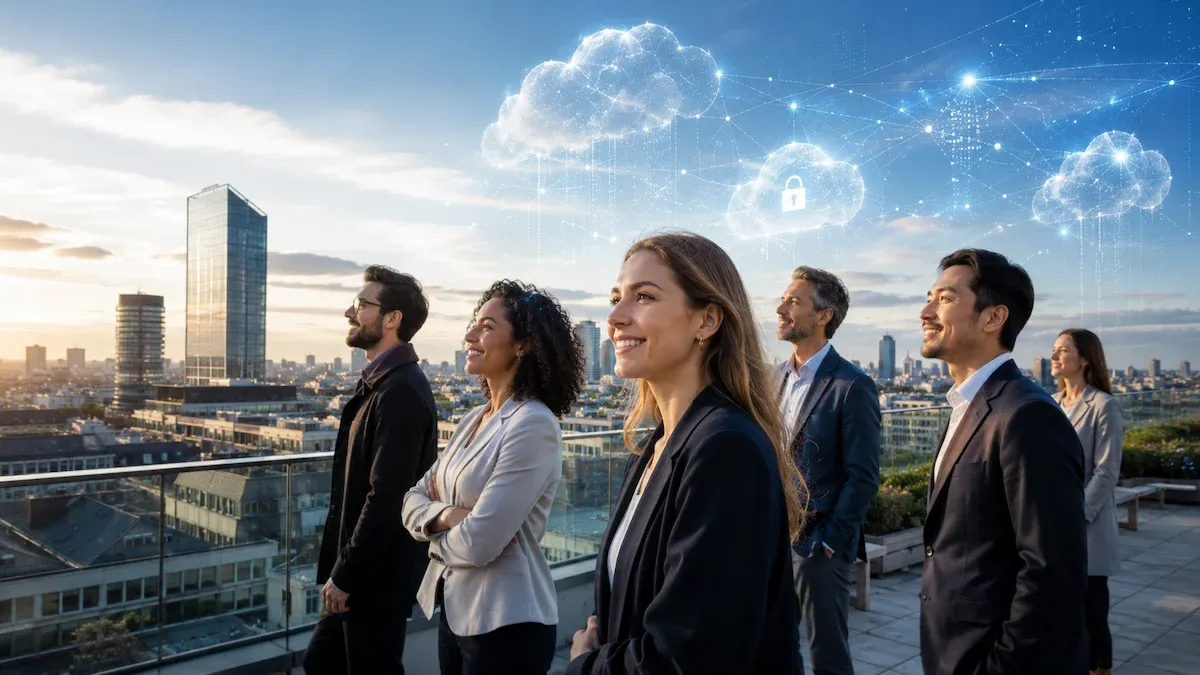 european people on top of building happy 