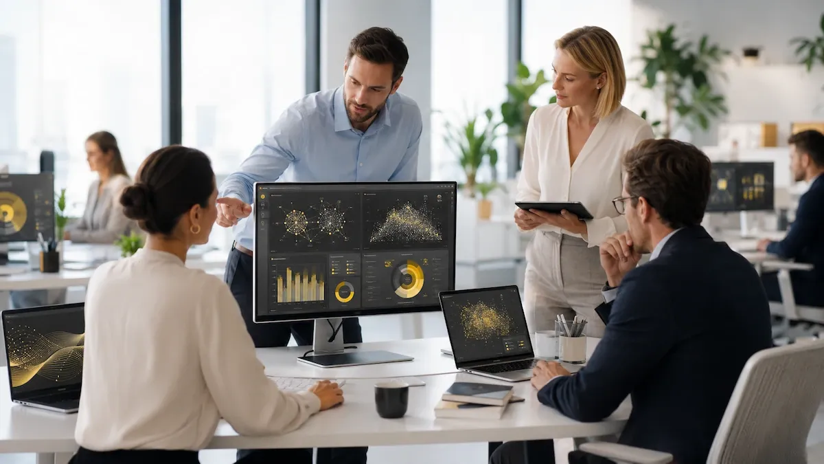 people at work in office with AI and data on a large screen and laptop