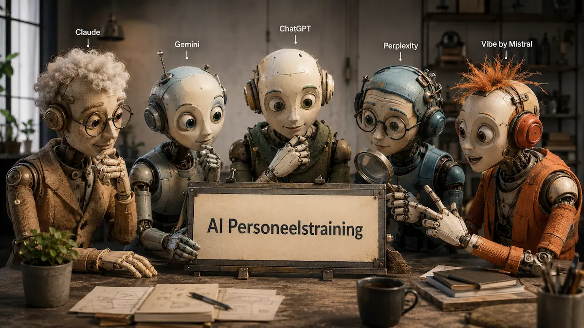 how AI sees AI Personeelstraining  - 5 ai puppets at a table looking