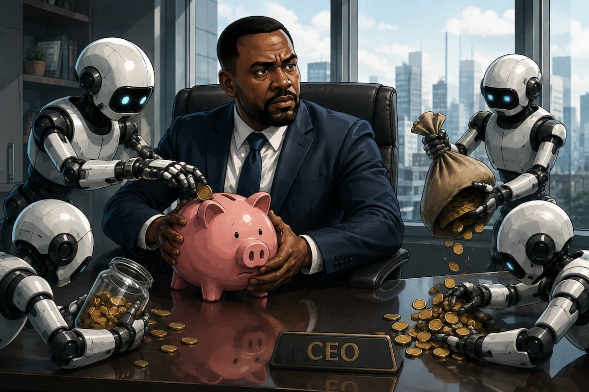 CEO at desk with piggybank and androids stealing his budget away - showcasing AI costs