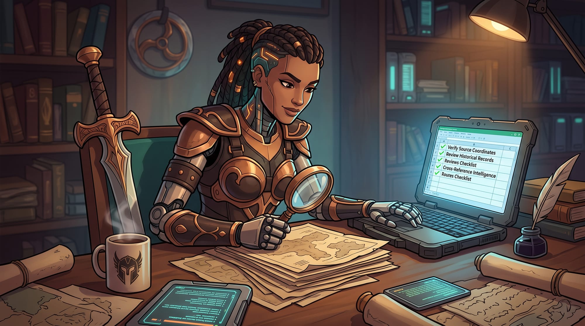 Illustration of an AI robot in warrior armor examining documents with a magnifying glass while reviewing a checklist on a laptop, representing due diligence research