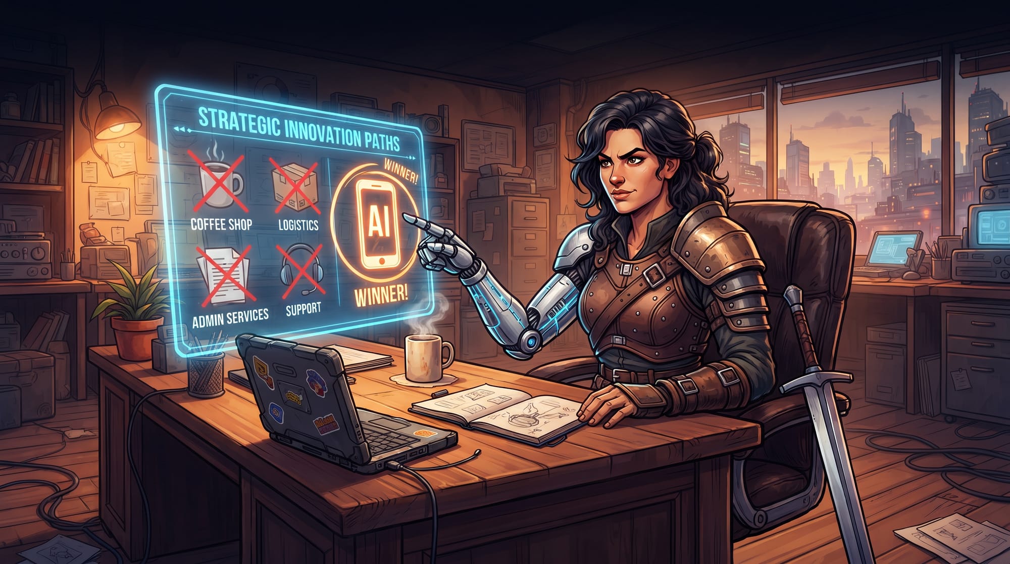 Illustration of an armored warrior with a robotic arm pointing at a glowing AI icon on a holographic chart, with other business icons crossed out