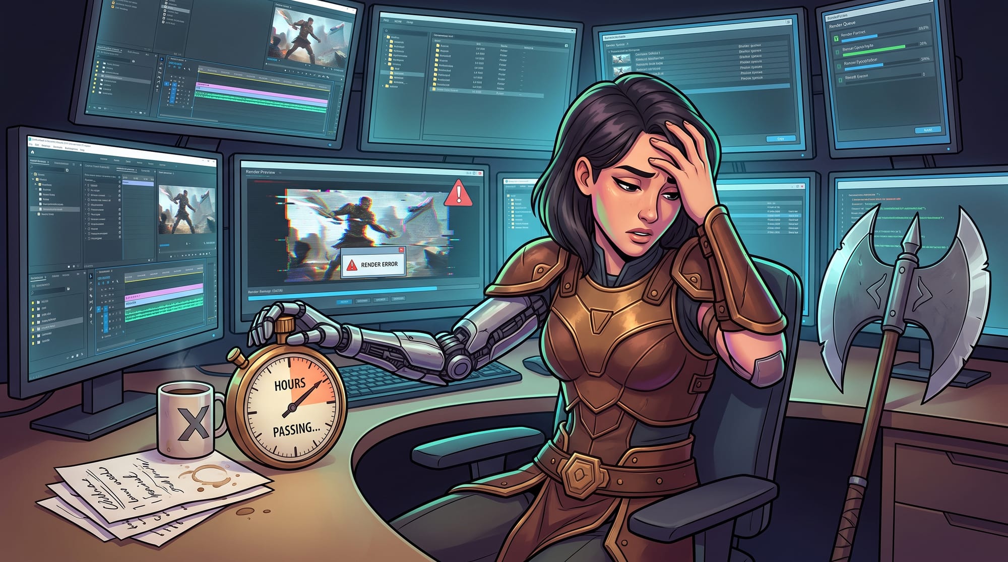 Illustration of an AI robot in warrior armor looking exasperated at a render error on screen, holding a stopwatch labeled "hours passing," surrounded by video editing monitors