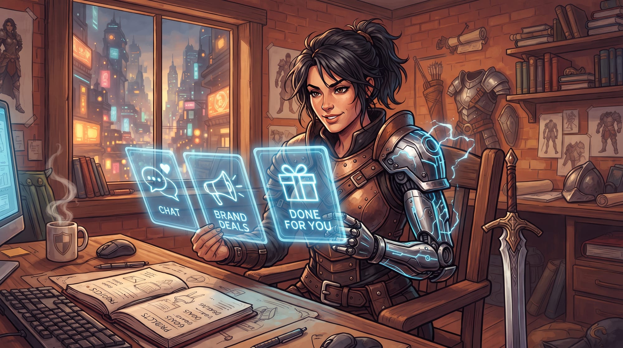 Illustration of an armored warrior with a robotic arm holding three glowing cards labeled Chat, Brand Deals, and Done For You