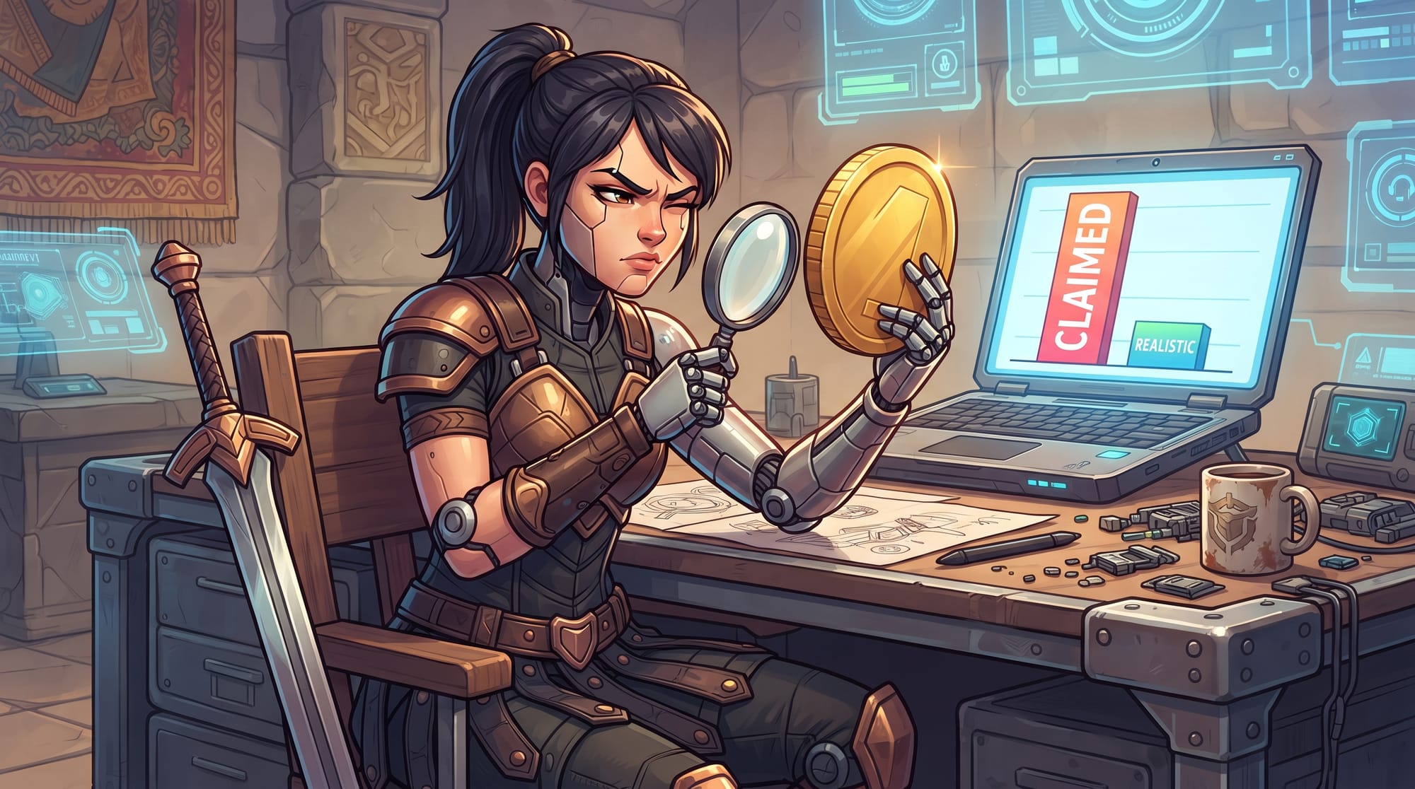 Illustration of an AI robot in warrior armor skeptically examining a giant gold coin with a magnifying glass, with a "claimed vs realistic" bar chart shown on a laptop screen