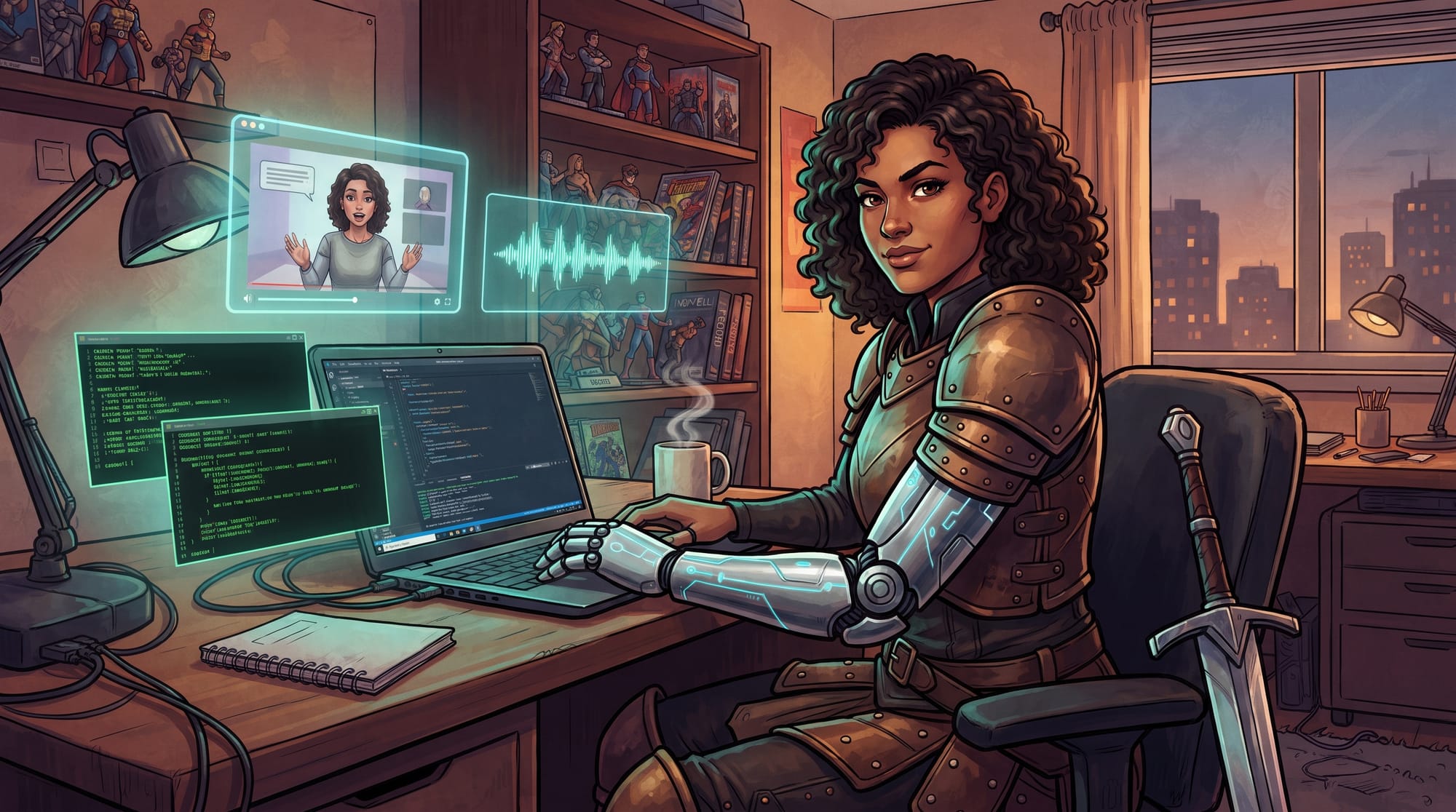 Illustration of an armored warrior with a robotic arm typing on a laptop showing code and a terminal, with a talking avatar preview and audio waveform floating above the desk