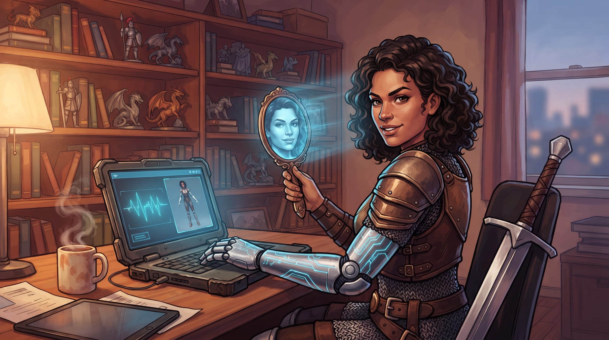 Illustration of an armored warrior holding a mirror showing a digitized clone of her own reflection, with an avatar model and waveform on a laptop screen beside her