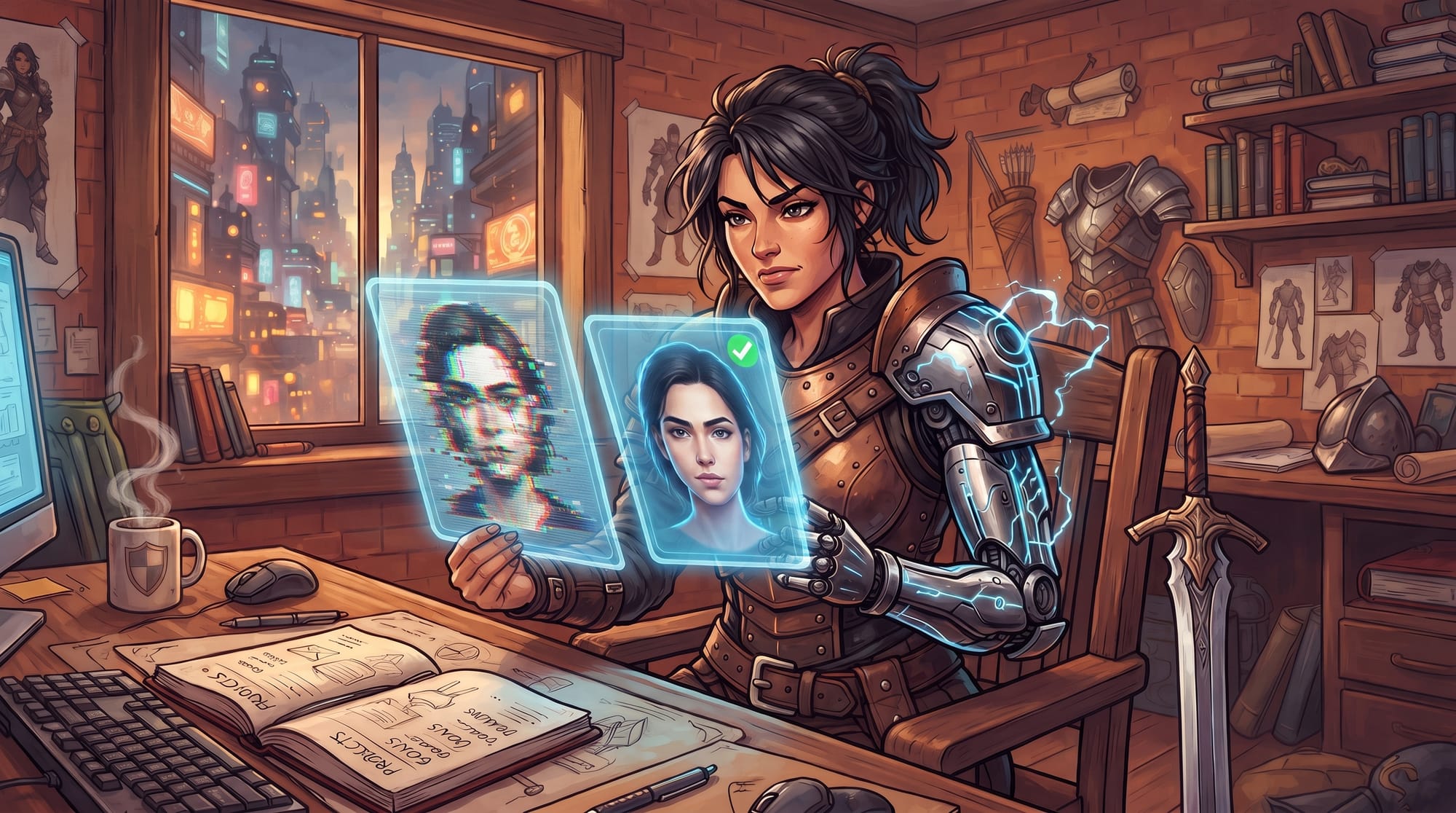 Illustration of an armored warrior with a cybernetic arm holding up two glowing holographic portraits side by side, one distorted and glitching, one calm and stable with a checkmark