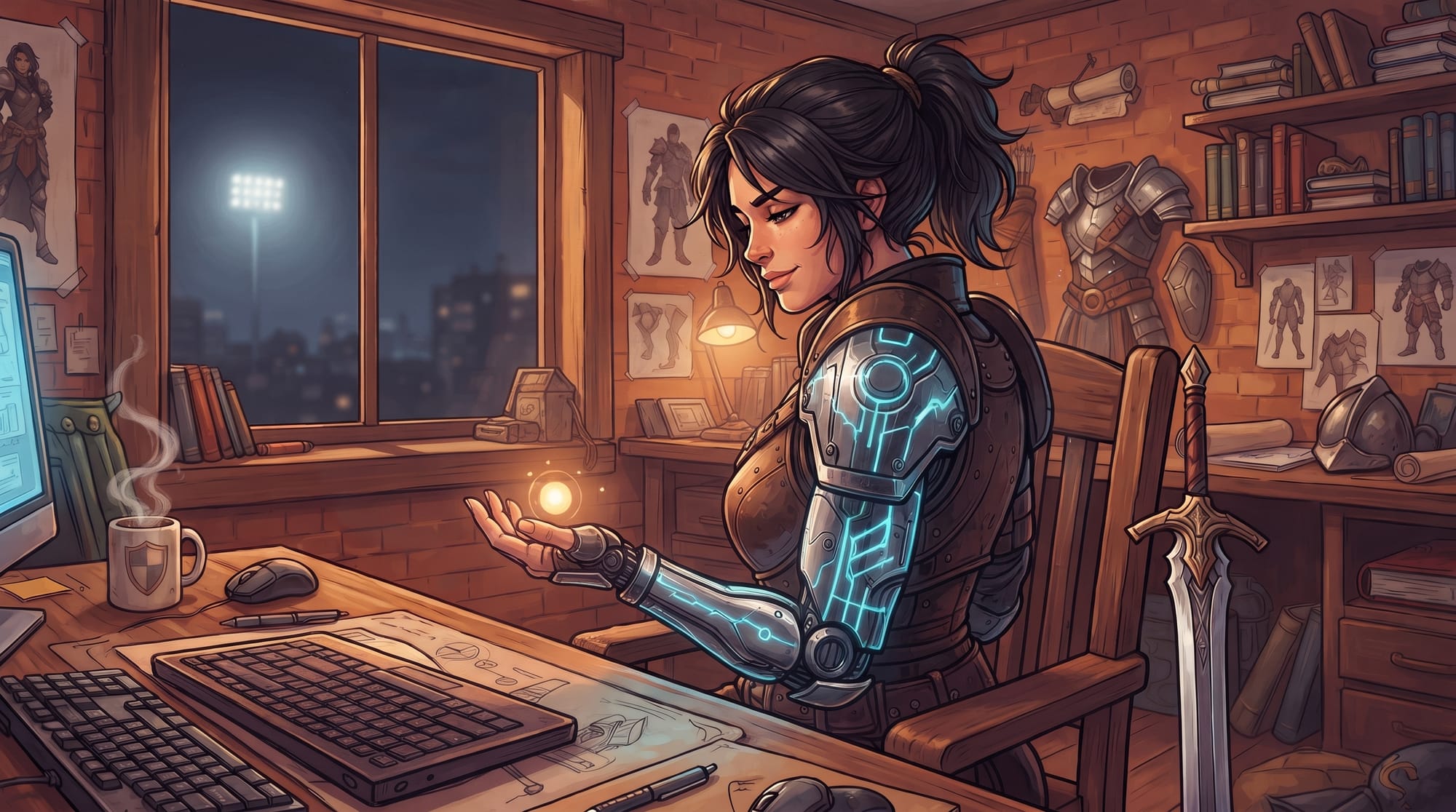 Illustration of an armored warrior at her desk, turned away from a distant stadium spotlight through the window, looking instead at a small warm glowing orb in her hand