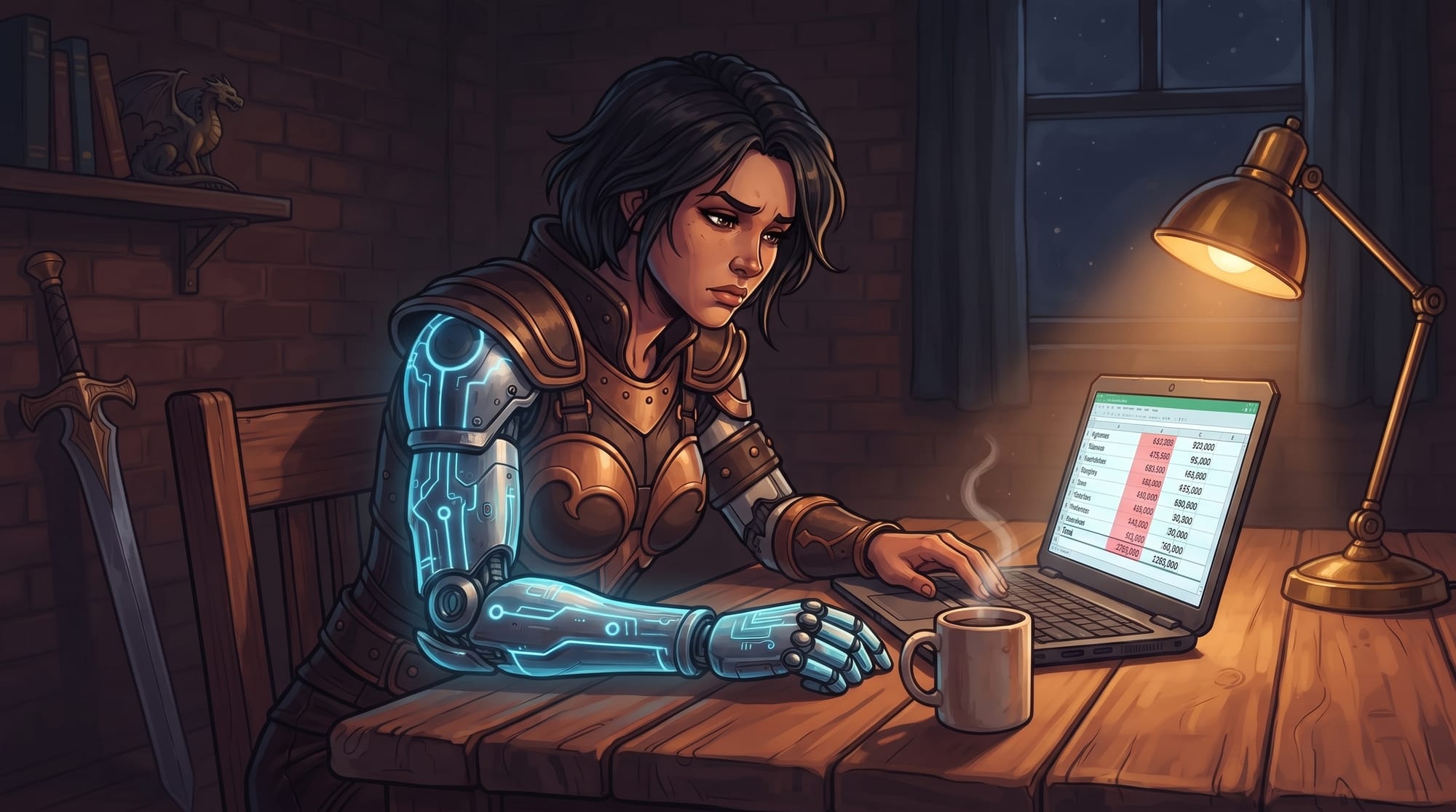 Illustration of a person alone at a kitchen table at night, working on a laptop by lamplight, a cold cup of coffee beside the keyboard