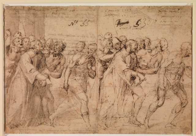 Juan de Juanes (Vicente Juan Macip). (Valencia c.1510-1579 Bocairente). Two studies for Saint Stephen taken to his martyrdom. Verso: Sketches of a man standing at a river’s edge and a profile head. Pen and brown ink (recto and verso), grey wash and (later?) traces of red chalk (recto). 217 x 315 mm. © The Courtauld Gallery, London