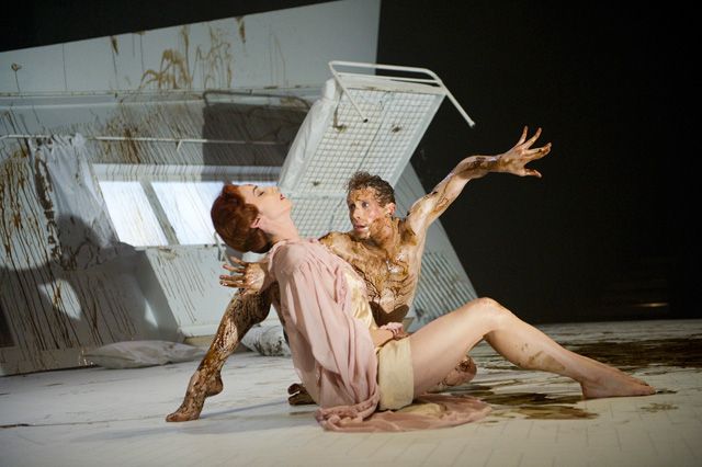 Edward Watson as Gregor Samsa and Nina Goldman as Mrs Samsa in The Metamorphosis. Photographer: Tristram Kenton