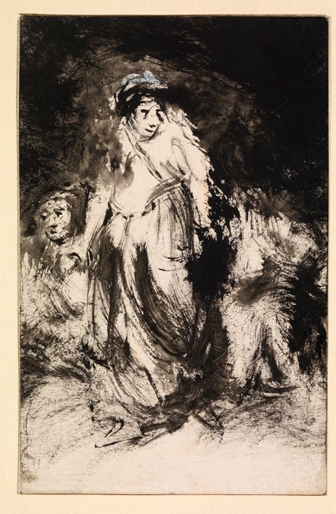 Eugenio Lucas y Padilla (Alcalá de Henares 1824 -1870 Madrid). A Woman walking, and other figures. Brush drawing with black watercolour or ink, white heightening, executed on the verso of a business card for the Compañía de Carbones Ingleses (an English coal merchant). 115 x 73 mm** © The Courtauld Gallery, London