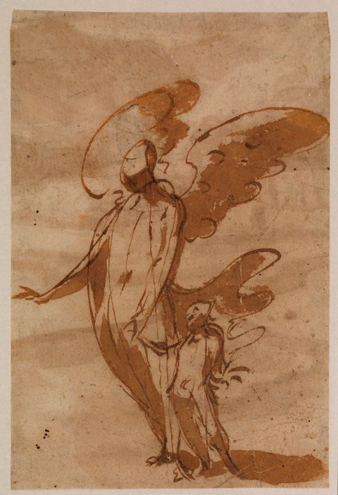 Francisco de Herrera the Younger (Seville 1627-1685) attributed. Guardian angel walking with a child. Verso: Fragment of a landscape. Pen and brush, brown ink, brown wash, Verso: pen and brown ink wash. 130 x 88 mm © The Courtauld Gallery, London