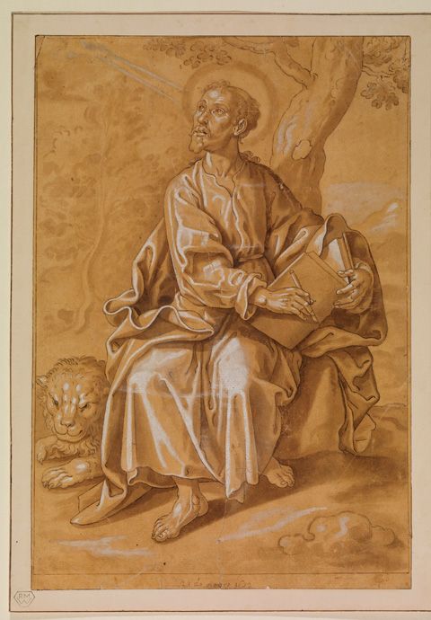 Francisco Pacheco (Seville 1564-1644). Saint Mark. Pen and brown ink and darker ink, brown wash, heightened with white body colour, on medium-brown toned paper, inscribed lower edge centre, 23 de octubre 1632. 362 x 221 mm © The Courtauld Gallery, London