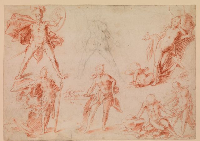 Antonio García Reinoso (Granada 1623-1677 Córdoba). Sheet of figure studies, 1649. Red and black chalk; blending with damp brush or stump. Artist’s signature and date left of centre, in red chalk. AnttO garcia / De Reinoso / nobien-bre / 1647. 214 x 303 mm. © The Courtauld Gallery, London