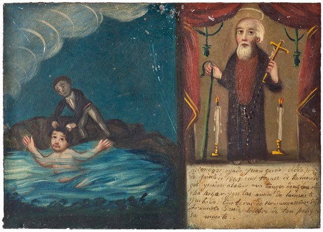 Infinitas Gracias exhibition. Infinitas Gracias: Mexican Miracle Paintings. Votive on tin, 1861 (c) Museo Nacional de Historia – INAH On first day of June 1861, Juan Garcia was drifting into unconsciousness while bathing in a pool* and anxious that he was drowning and near death he passionately invoked Our Lord Saint Francis who saved him from such dreadful death. the smoke could suggest a hot spring