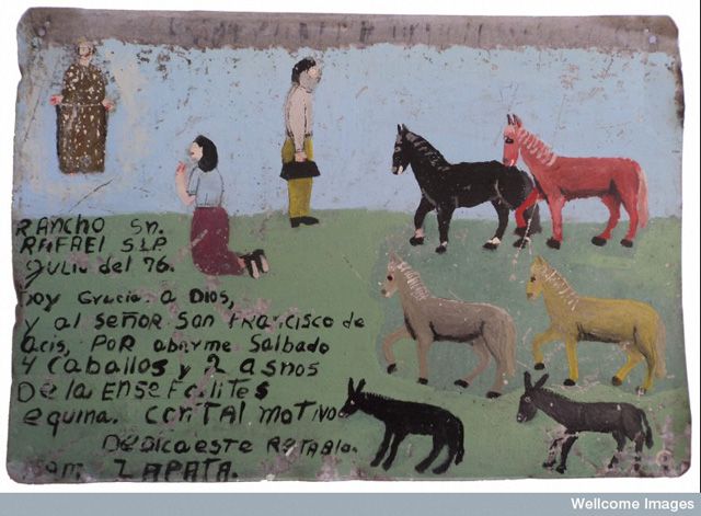 Infinitas Gracias exhibition. Infinitas Gracias: Mexican Miracle Paintings. Votive on tin, 1976 (c) Santuario de San Francisco de Asis de la Diócesis de Matehuala / INAH San Rafael ranch, SLP July ’76. I thank God and Saint Francis of Assisi for saving our 4 horses and 2 donkeys from equine encephalitis. For this reason we offer this retablo. Zapata Family